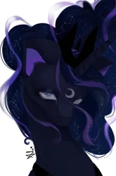 Size: 2300x3493 | Tagged: safe, artist:starlesssky665, derpibooru import, princess luna, alicorn, pony, blue eyes, blue mane, bust, crown, digital art, ethereal mane, eyeshadow, female, flowing mane, high res, horn, image, jewelry, lidded eyes, looking at you, makeup, mare, peytral, png, portrait, regalia, signature, simple background, solo, starry mane, stars, white background