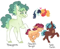 Size: 1280x1032 | Tagged: safe, artist:primrosepaper, derpibooru import, big macintosh, coloratura, oc, oc:bluegrass, oc:sheriff tango, oc:tush push, unofficial characters only, earth pony, pony, colt, eyes closed, female, filly, foal, heart, image, male, name, offspring, parent:big macintosh, parent:coloratura, parents:raramac, png, raramac, running, shipping, siblings, simple background, white background