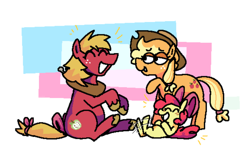 Size: 2048x1299 | Tagged: safe, artist:punkittdev, derpibooru import, apple bloom, applejack, big macintosh, earth pony, pony, apple siblings, apple sisters, bow, brother and sister, female, filly, foal, image, laughing, mare, mouthpiece, png, politics, siblings, simple background, sisters, tail, tail bow, trans female, transgender, white background
