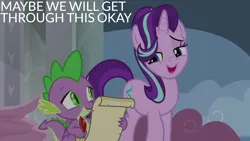 Size: 1920x1080 | Tagged: safe, derpibooru import, edit, edited screencap, editor:quoterific, screencap, spike, starlight glimmer, dragon, pony, unicorn, a matter of principals, season 8, spoiler:s08, dragon wings, duo, duo male and female, eyebrows, female, folded wings, image, looking at each other, looking at someone, male, mare, open mouth, open smile, paper, png, quill, smiling, smiling at each other, talking, winged spike, wings