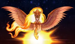 Size: 1280x748 | Tagged: safe, artist:ulna_moon, derpibooru import, daybreaker, alicorn, pony, armor, crown, digital art, ethereal mane, ethereal tail, feather, female, fire, flowing mane, flowing tail, flying, gem, glow, goddess, helmet, hoof shoes, horn, image, jewelry, jpeg, large wings, looking at you, mane of fire, mare, peytral, regalia, solo, space, spread wings, stars, sun, sunlight, tail, wing armor, wings, yellow eyes