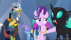 Size: 520x293 | Tagged: safe, derpibooru import, screencap, discord, starlight glimmer, thorax, trixie, changeling, draconequus, pony, unicorn, to where and back again, animated, bag, clothes, female, gif, gifrun.com, hat, hyperventilating, image, male, mare, scarf, trixie's hat