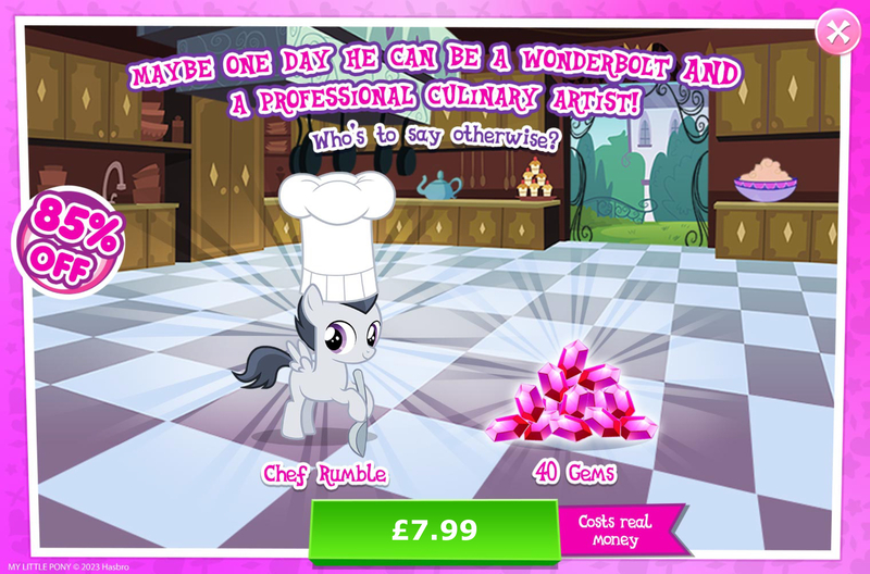 Size: 1966x1298 | Tagged: safe, derpibooru import, official, rumble, pegasus, pony, advertisement, chef's hat, colt, costs real money, english, foal, gameloft, gem, hat, image, jpeg, male, mobile game, my little pony: magic princess, numbers, sale, solo, solo focus, spoon, text, wings