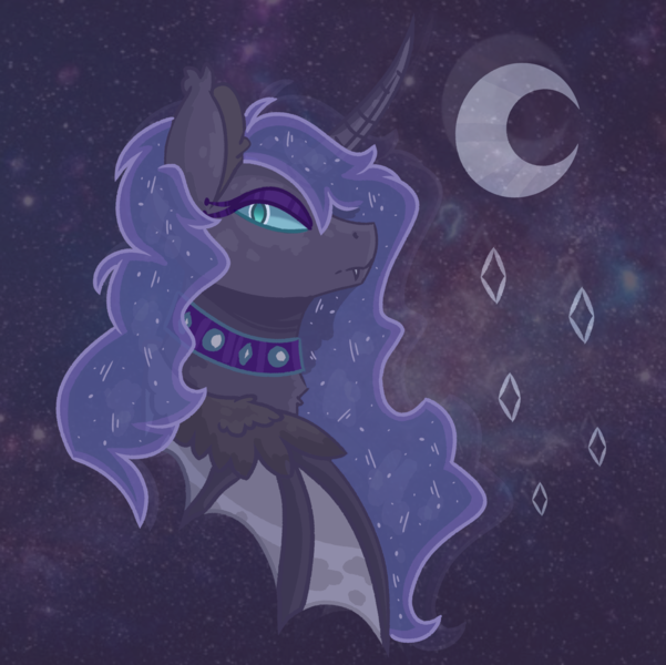 Size: 4075x4068 | Tagged: safe, artist:polishpigeon, derpibooru import, princess luna, alicorn, bat pony, bat pony alicorn, pony, absurd resolution, bat eyes, bat ponified, bat wings, blue background, blue eyes, blue mane, bust, crescent moon, curved horn, digital art, ethereal mane, eyelashes, eyeshadow, fangs, feather, female, flowing mane, high res, horn, image, lidded eyes, looking at you, lunabat, makeup, mare, moon, night, png, poem in the description, portrait, race swap, simple background, sky, solo, stars, wings