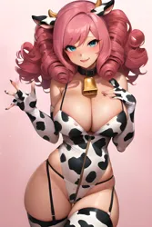 Size: 2048x3072 | Tagged: suggestive, derpibooru import, machine learning generated, stable diffusion, pinkie pie, human, anime, apron, bell, big breasts, blushing, breasts, busty pinkie pie, clothes, corset, cowbell, cowprint, ears, erect nipples, female, gloves, high res, huge breasts, humanized, image, jpeg, long hair, looking at you, naked apron, nipple outline, nudity, open mouth, open smile, partial nudity, skindentation, smiling, socks, solo, solo female
