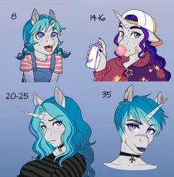 Size: 2007x2040 | Tagged: safe, artist:askbubblelee, derpibooru import, oc, oc:bubble lee, unofficial characters only, anthro, pony, unicorn, age progression, alternate universe, anthro oc, bubblegum, choker, digital art, female, filly, foal, food, freckles, gum, hat, horn, image, mare, older, open mouth, piercing, png, short hair, short mane, solo, spray can, teenager, unicorn oc, willowverse