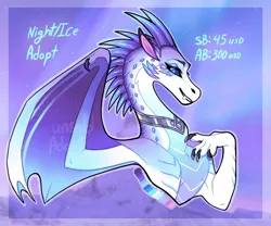 Size: 1280x1065 | Tagged: safe, artist:inkfang, derpibooru import, rarity, oc, dragon, adoptable, beautiful, blue eyes, bust, claws, crepuscular rays, digital art, dragon wings, dragoness, dragonified, eyeshadow, fangs, female, gem, ice, ice dragon, image, jewelry, jpeg, looking at you, makeup, night, peytral, portrait, raridragon, scales, smiling, smiling at you, solo, species swap, spikes, spread wings, teeth, wings