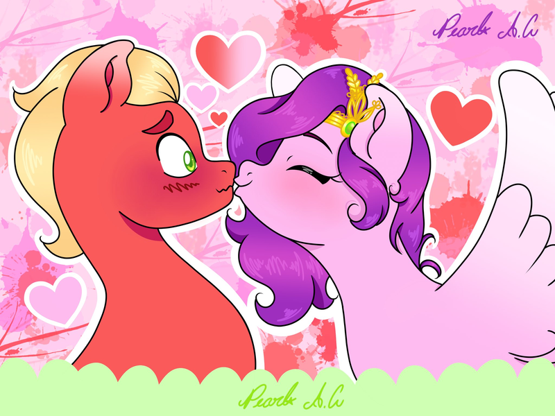 Size: 2048x1536 | Tagged: safe, artist:pearl a.g, derpibooru import, pipp petals, sprout cloverleaf, earth pony, pegasus, pony, blushing, duo, duo male and female, eyes closed, female, floating heart, g5, heart, holiday, image, kiss on the lips, kissing, male, mare, pippsprout, png, shipping, signature, spread wings, stallion, straight, valentine's day, wings