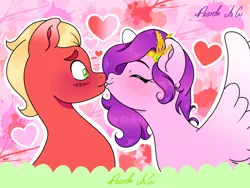Size: 2048x1536 | Tagged: safe, artist:pearl a.g, derpibooru import, pipp petals, sprout cloverleaf, earth pony, pegasus, pony, blushing, duo, duo male and female, eyes closed, female, floating heart, g5, heart, holiday, image, kiss on the lips, kissing, male, mare, pippsprout, png, shipping, signature, spread wings, stallion, straight, valentine's day, wings