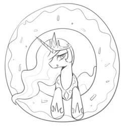 Size: 1318x1312 | Tagged: safe, artist:maren, derpibooru import, princess celestia, alicorn, pony, donut, donutlestia, doodle, female, food, image, licking, licking lips, mare, monochrome, png, solo, tongue out