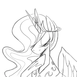 Size: 1200x1200 | Tagged: safe, artist:maren, derpibooru import, princess celestia, alicorn, pony, bust, doodle, female, image, lidded eyes, looking down, mare, monochrome, png, pointing at self, smiling, solo
