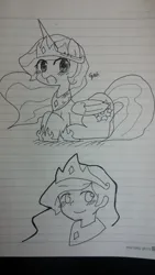 Size: 585x1040 | Tagged: safe, artist:gyaheung, derpibooru import, princess celestia, alicorn, pony, equestria girls, blushing, doodle, female, image, jewelry, jpeg, lined paper, lying down, mare, open mouth, open smile, prone, regalia, self paradox, self ponidox, smiling, solo, traditional art