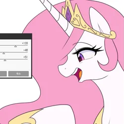 Size: 609x607 | Tagged: safe, alternate version, artist:maren, derpibooru import, princess celestia, alicorn, pony, bust, female, image, mare, open mouth, pink-mane celestia, png, raised hoof, smiling, solo, wip