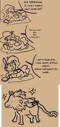 Size: 729x1549 | Tagged: safe, artist:nootaz, derpibooru import, pipp petals, big cat, gryphon, horse, hybrid, lion, pegasus, pony, comic, cushion, dialogue, dot eyes, female, folded wings, g5, hey pippsqueaks, image, imagination, lying down, mare, mobile phone, monochrome, phone, png, prone, smartphone, solo, sparkles, species swap, speech bubble, squint, tail, unshorn fetlocks, wings