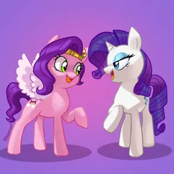 Size: 2500x2500 | Tagged: safe, artist:hexecat, derpibooru import, pipp petals, rarity, pegasus, pony, unicorn, duo, duo female, female, g4, g5, generational ponidox, image, lidded eyes, looking at each other, looking at someone, mare, open mouth, open smile, pipp and her heroine, png, raised hoof, smiling, spread wings, tail, wings
