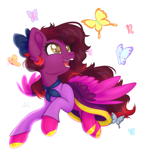Size: 2003x2003 | Tagged: safe, artist:squirrel, derpibooru import, oc, oc:cassandra carat, unofficial characters only, butterfly, insect, pegasus, pony, bow, clothes, dress, female, flying, hair bow, happy, image, mare, pegasus oc, png, scarf, simple background, solo, white background, wingding eyes, wings
