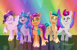 Size: 4054x2622 | Tagged: safe, artist:hexecat, derpibooru import, hitch trailblazer, izzy moonbow, pipp petals, sunny starscout, zipp storm, earth pony, pegasus, pony, unicorn, my little pony: a new generation, bracelet, colored wings, eyebrows, female, friendship bracelet, g5, grin, group, high res, image, jewelry, looking at you, male, mane five (g5), mare, multicolored wings, one eye closed, open mouth, open smile, png, quintet, raised hoof, royal sisters (g5), sash, sheriff's badge, siblings, signature, sisters, smiling, smiling at you, spread wings, stallion, unshorn fetlocks, wings, wink, winking at you