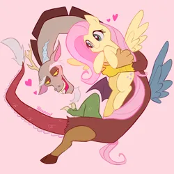 Size: 2000x2000 | Tagged: safe, artist:hexecat, derpibooru import, discord, fluttershy, draconequus, pegasus, pony, discoshy, duo, duo male and female, eyebrows, female, floating heart, grin, heart, high res, holding a pony, hug, image, lidded eyes, looking at each other, looking at someone, male, mare, mismatched wings, open mouth, open smile, pink background, png, shipping, signature, simple background, smiling, smiling at each other, spread wings, straight, wings