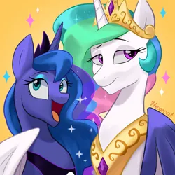 Size: 2500x2500 | Tagged: safe, artist:hexecat, derpibooru import, princess celestia, princess luna, alicorn, pony, bust, crown, duo, duo female, eyebrows, female, g4, happy, high res, hug, image, jewelry, mare, open mouth, open smile, png, regalia, royal sisters, siblings, signature, simple background, sisters, smiling, sparkles, winghug, wings, yellow background