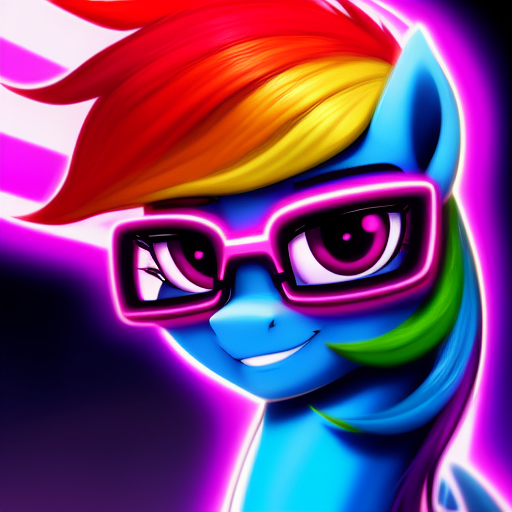 Size: 512x512 | Tagged: safe, derpibooru import, machine learning generated, purplesmart.ai, stable diffusion, rainbow dash, pony, abstract background, bust, female, glasses, image, looking at you, mane, mare, pink eyes, png