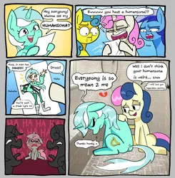 Size: 2231x2278 | Tagged: safe, artist:another_pony, derpibooru import, bon bon, lemon hearts, lyra heartstrings, minuette, sweetie drops, twinkleshine, oc, oc:anon, earth pony, human, pony, unicorn, bathroom, body pillow, boots, bully, bullying, clothes, comic, cringing, crying, eyes closed, female, heart, heartbreak, hoodie, humanized, image, jpeg, laughing, lesbian, lyrabon, mare, meme, open mouth, pants, paper, sad, shipping, shoes, shower, showering, spongebob squarepants, water, wet, you're cringe