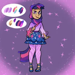 Size: 2000x2000 | Tagged: safe, artist:carconutty, derpibooru import, twilight sparkle, human, alternate hairstyle, bag, clothes, cute, female, high heels, hijab, humanized, image, islam, leggings, png, reference sheet, shirt, shoes, skirt, solo, twiabetes