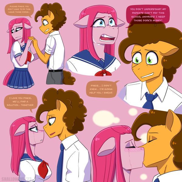 Size: 2048x2048 | Tagged: safe, artist:shallowwin, derpibooru import, cheese sandwich, pinkie pie, anthro, earth pony, blushing, canon, canon ship, clothes, crying, dialogue, female, image, kissing, love, male, pinkamena diane pie, png, sad, school uniform, straight, uniform