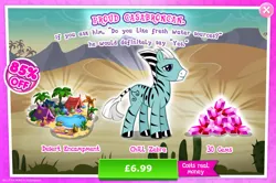 Size: 1962x1301 | Tagged: safe, derpibooru import, official, pony, zebra, advertisement, cactus, chill zebra, cloven hooves, coconut, costs real money, english, food, gameloft, gem, image, jpeg, male, mobile game, my little pony: magic princess, numbers, palm tree, pillow, sale, solo, solo focus, stallion, tent, text, tree, water