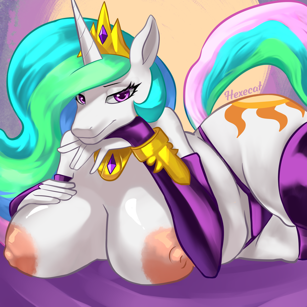 Size: 2500x2500 | Tagged: questionable, artist:hexecat, derpibooru import, princess celestia, alicorn, anthro, pony, areola, bedroom eyes, big areola, big breasts, breasts, busty princess celestia, clothes, female, fingerless gloves, gloves, hand on breasts, huge areola, huge breasts, image, jewelry, long gloves, looking at you, lying down, mare, nipples, nudity, panties, partial nudity, png, side, signature, socks, solo, solo female, tail, thigh highs, tiara, topless, underwear