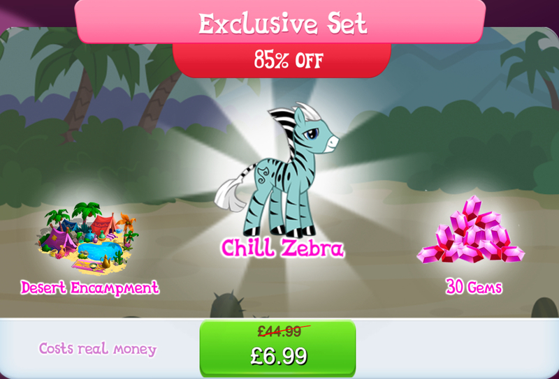 Size: 1264x858 | Tagged: safe, derpibooru import, official, pony, zebra, bundle, cactus, chill zebra, cloven hooves, coconut, costs real money, english, food, gameloft, gem, image, jpeg, male, mobile game, my little pony: magic princess, numbers, palm tree, pillow, sale, solo, solo focus, stallion, tent, text, tree, water