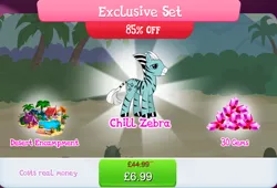 Size: 1264x858 | Tagged: safe, derpibooru import, official, pony, zebra, bundle, cactus, chill zebra, cloven hooves, coconut, costs real money, english, food, gameloft, gem, image, jpeg, male, mobile game, my little pony: magic princess, numbers, palm tree, pillow, sale, solo, solo focus, stallion, tent, text, tree, water