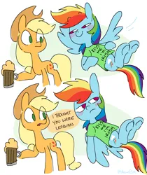 Size: 2732x3259 | Tagged: safe, artist:dawnfire, applejack, rainbow dash, earth pony, pegasus, pony, alcohol, appledash, beer, blush sticker, blushing, clothes, comic, dialogue, duo, female, holiday, image, kiss me i'm irish, lesbian, mare, mug, oblivious, png, saint patrick's day, shipping, shirt, simple background, t-shirt, white background