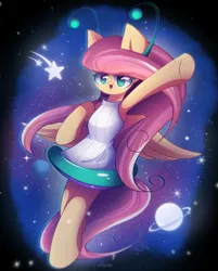 Size: 1850x2300 | Tagged: safe, artist:miryelis, derpibooru import, fluttershy, alien, pegasus, pony, clothes, costume, cute, full body, image, long hair, looking at you, planet, png, raised hoof, smiling, smiling at you, solo, space, stars, wings