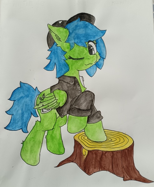 Size: 3025x3683 | Tagged: safe, artist:spearmint, derpibooru import, oc, oc:spearmint, unofficial characters only, pegasus, image, jpeg, solo, traditional art, tree stump