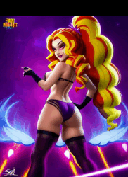 Size: 512x704 | Tagged: suggestive, derpibooru import, editor:siber, machine learning generated, purplesmart.ai, stable diffusion, adagio dazzle, equestria girls, abstract background, animated, bare shoulders, bra, breasts, butt, clothes, derpibooru exclusive, female, hand on hip, image, looking at you, looking back, looking back at you, open mouth, panties, sleeveless, socks, solo, step by step, strapless, thigh highs, underwear, webm