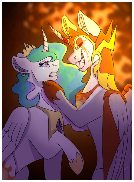 Size: 1280x1734 | Tagged: safe, artist:zarinaroseyt, derpibooru import, daybreaker, princess celestia, alicorn, pony, black background, crown, crying, curved horn, digital art, ethereal mane, evil grin, eyeshadow, feather, female, fire, flowing mane, folded wings, gem, grin, helmet, hoof shoes, horn, image, jewelry, jpeg, looking at each other, looking at someone, makeup, mane of fire, mare, peytral, raised hoof, redraw, regalia, sad, simple background, smiling, solo, teeth, wings