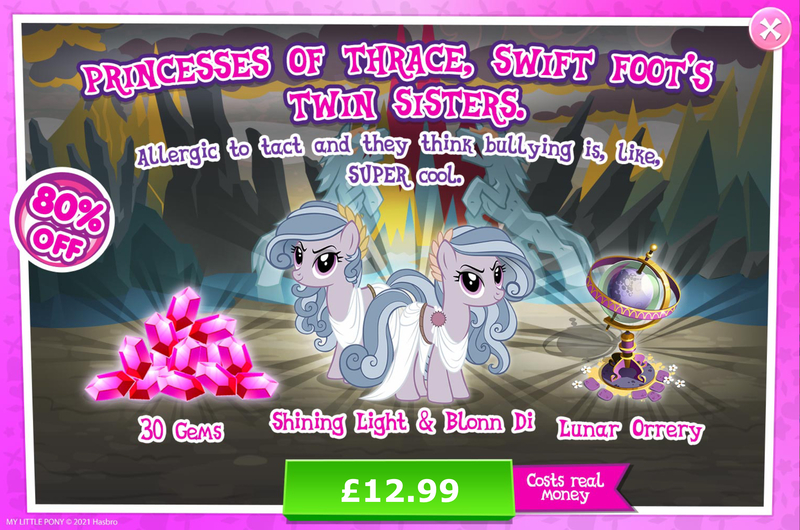 Size: 1964x1301 | Tagged: safe, derpibooru import, official, blonn di, earth pony, pony, advertisement, clothes, costs real money, english, female, gameloft, gem, image, jpeg, mare, my little pony: magic princess, numbers, sale, shining light (g4), siblings, text, thracian, twins