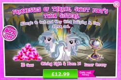 Size: 1964x1301 | Tagged: safe, derpibooru import, official, blonn di, earth pony, pony, advertisement, clothes, costs real money, english, female, gameloft, gem, image, jpeg, mare, my little pony: magic princess, numbers, sale, shining light (g4), siblings, text, thracian, twins