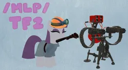 Size: 4000x2200 | Tagged: safe, derpibooru import, maud pie, earth pony, pony, /mlp/ tf2 general, female, hat, image, jpeg, mare, minimalist, modern art, mouth hold, sentry gun, solo, team fortress 2, text, wrench