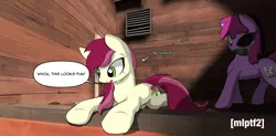 Size: 1684x828 | Tagged: safe, artist:ricy, derpibooru import, berry punch, berryshine, roseluck, earth pony, pony, /mlp/ tf2 general, 2fort, demoman, dialogue, dialogue box, eyepatch, female, image, mare, mouth hold, oblivious, png, smiley face, text, this will end in death, ullapool caber