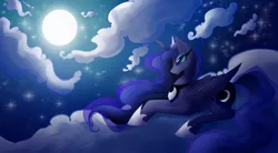 Size: 2000x1100 | Tagged: safe, artist:pudingfox, derpibooru import, princess luna, alicorn, pony, blue eyes, blue mane, blue tail, cloud, crepuscular rays, crown, digital art, ethereal mane, ethereal tail, eyeshadow, feather, female, flowing mane, flowing tail, folded wings, hoof shoes, horn, image, jewelry, lidded eyes, lying down, makeup, mare, moonlight, night, png, regalia, sky, smiling, solo, sparkles, starry mane, starry tail, stars, tail, wings