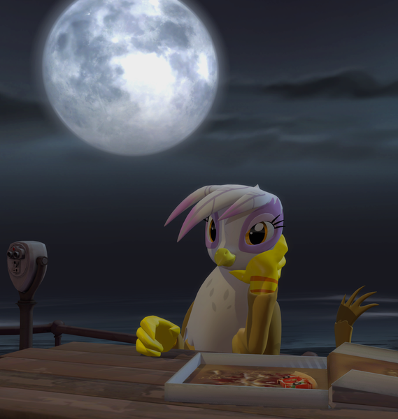 Size: 1845x1944 | Tagged: safe, artist:xafilah, derpibooru import, gilda, gryphon, 3d, date, female, food, gmod, hand on face, image, looking at you, moon, offscreen character, pizza, pizza box, png, pov, solo