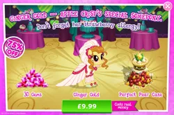 Size: 1962x1300 | Tagged: safe, derpibooru import, official, ginger gold (idw), earth pony, pony, advertisement, apple, cake, clothes, costs real money, dress, ear piercing, earring, english, female, flower, food, gameloft, gem, image, jewelry, jpeg, mare, mobile game, numbers, pear, piercing, sale, solo, solo focus, text, wedding dress