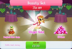 Size: 1265x860 | Tagged: safe, derpibooru import, official, ginger gold (idw), earth pony, pony, apple, bundle, cake, clothes, costs real money, dress, ear piercing, earring, english, female, flower, food, gameloft, gem, image, jewelry, jpeg, mare, mobile game, numbers, pear, piercing, sale, solo, solo focus, text, wedding dress