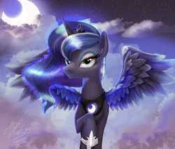 Size: 1280x1092 | Tagged: safe, artist:vinelly-de-sun, derpibooru import, princess luna, alicorn, pony, blue mane, blue tail, cloud, crescent moon, crown, digital art, ethereal mane, ethereal tail, eyeshadow, feather, female, flowing mane, flowing tail, glow, green eyes, hoof shoes, horn, image, jewelry, jpeg, looking at you, makeup, mare, moon, moonlight, night, peytral, regalia, signature, sky, solo, spread wings, starry mane, starry tail, tail, wings