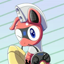 Size: 4096x4096 | Tagged: safe, artist:trackheadtherobopony, derpibooru import, oc, oc:trackhead, pony, robot, robot pony, controller, floppy ears, image, jpeg, looking at you, one eye closed, sega genesis, solo, wink