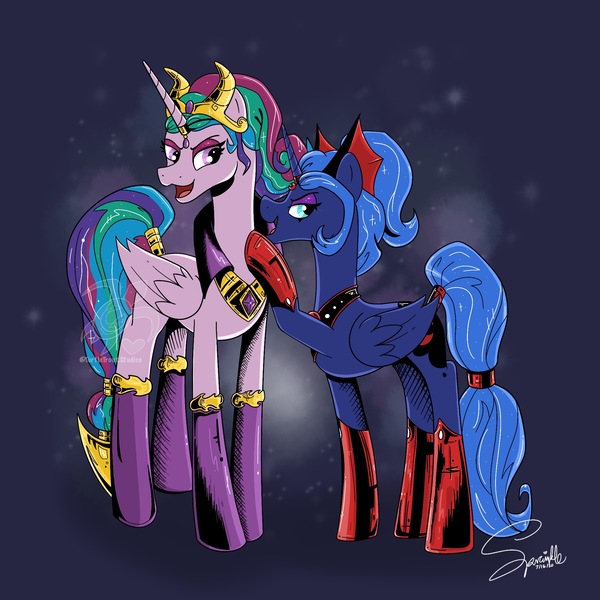 Size: 2048x2048 | Tagged: safe, artist:turtletroutstudios, derpibooru import, idw, princess celestia, princess luna, alicorn, pony, reflections, spoiler:comic, blue background, blue eyes, blue mane, blue tail, boots, clothes, crown, digital art, duo, duo female, evil celestia, evil counterpart, evil luna, eyeshadow, female, folded wings, gem, hoof shoes, horn, image, jewelry, jpeg, lidded eyes, looking at each other, looking at someone, makeup, mare, mirror universe, mischievous, multicolored mane, multicolored tail, open mouth, open smile, peytral, ponytail, purple eyes, raised hoof, regalia, royal sisters, shoes, siblings, signature, simple background, sisters, smiling, smiling at each other, sparkles, stars, tail, talking, watermark, wings
