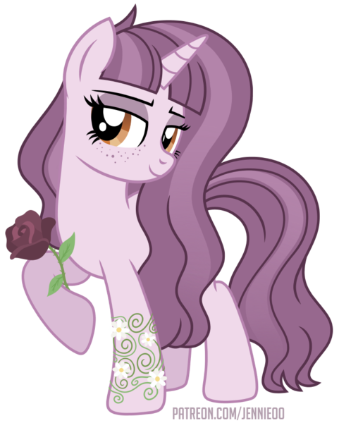 Size: 721x900 | Tagged: safe, artist:jennieoo, derpibooru import, oc, unofficial characters only, pony, unicorn, bedroom eyes, cute, eyeshadow, flower, freckles, gift art, image, looking at you, makeup, patreon, patreon reward, png, rose, simple background, smiling, smiling at you, solo, transparent background, vector