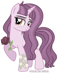 Size: 721x900 | Tagged: safe, artist:jennieoo, derpibooru import, oc, unofficial characters only, pony, unicorn, bedroom eyes, cute, eyeshadow, flower, freckles, gift art, image, looking at you, makeup, patreon, patreon reward, png, rose, simple background, smiling, smiling at you, solo, transparent background, vector