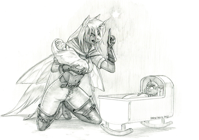 Size: 1500x1058 | Tagged: safe, artist:baron engel, derpibooru import, queen chrysalis, anthro, changeling, unguligrade anthro, baby changeling, belt, boots, carrying, clothes, crib, female, grayscale, image, jpeg, monochrome, open mouth, pencil drawing, shoes, story in the source, story included, traditional art